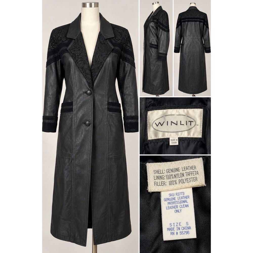 Winlit Genuine Leather Long Duster Coat Black Paisley Lining Size S